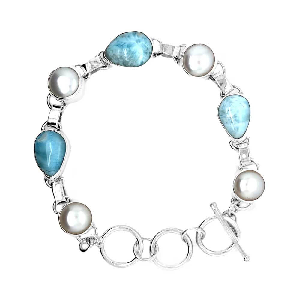 Oval Larimar and Pearl 950 Silver Bracelet