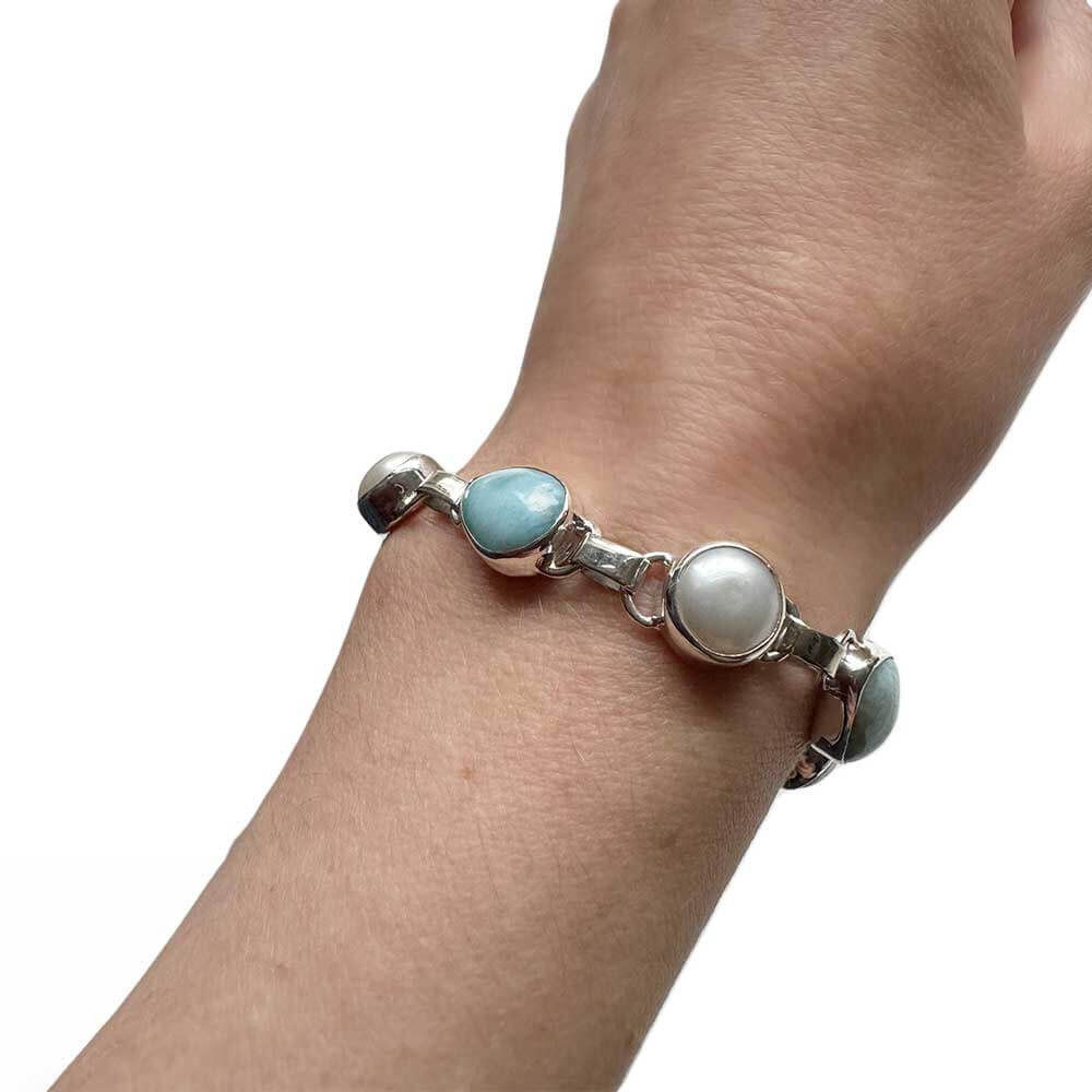 Oval Larimar and Pearl 950 Silver Bracelet