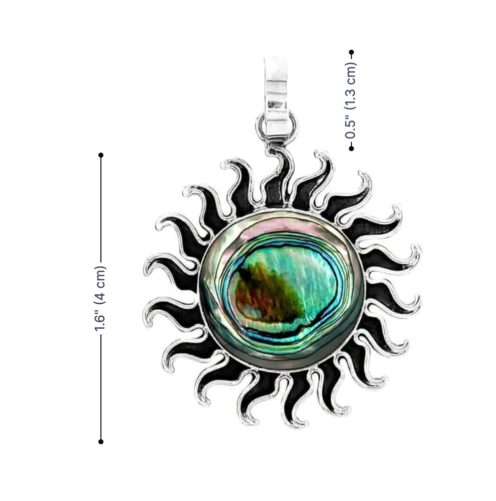 Sun-shaped pendant with abalone and measurements on a white background