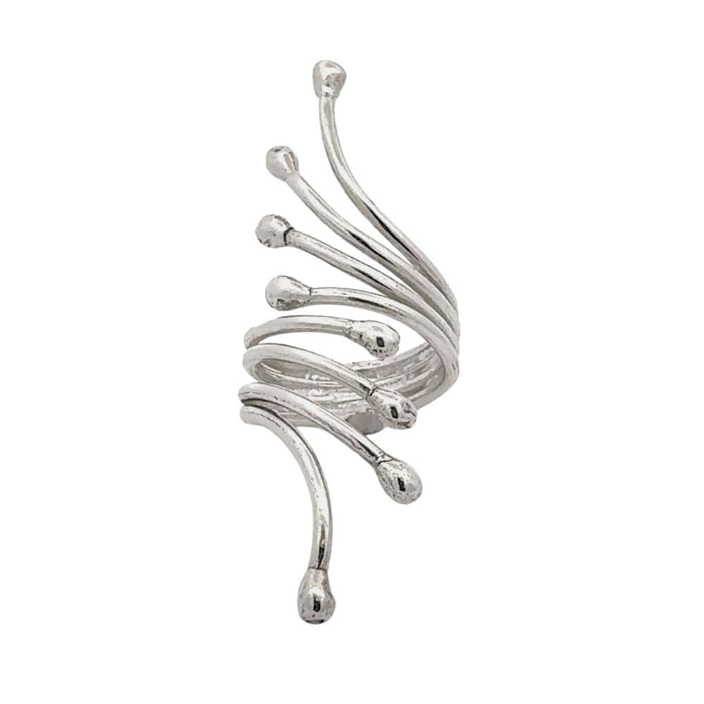 Silver sculptural ring on a white background