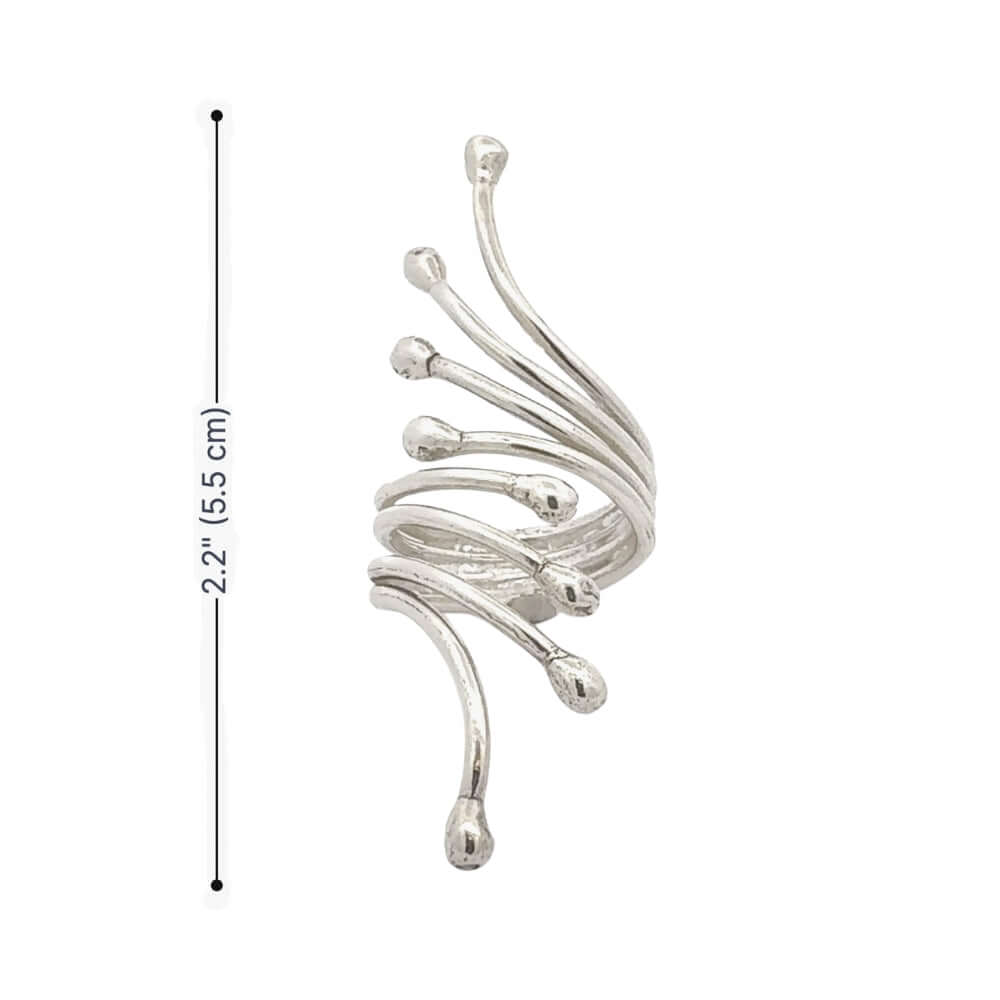 Silver long ring with measurement details on a white background