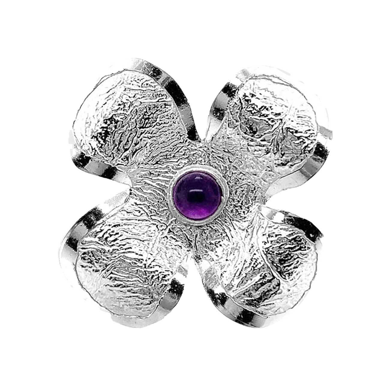 Taxco Silver Ring with Flower and Amethyst front Nueve Sterling