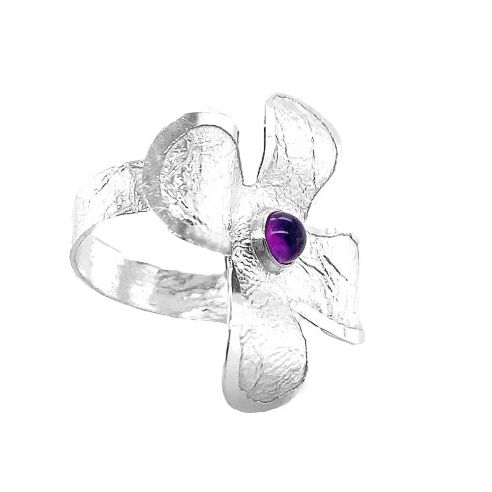 Taxco Silver Ring with Flower and Amethyst side Nueve Sterling