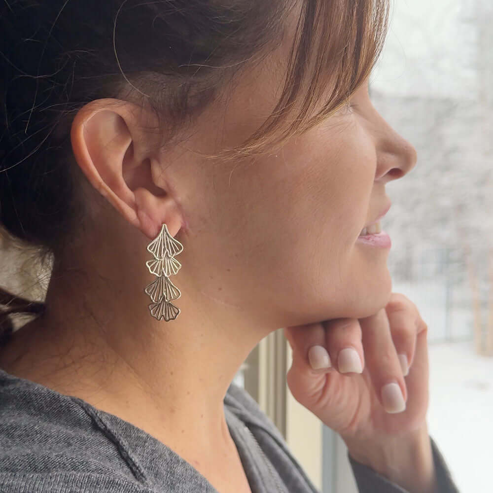 Silver-Ginkgo-Leaves-Linked-Post-Earrings-with-model-Nueve-Sterling