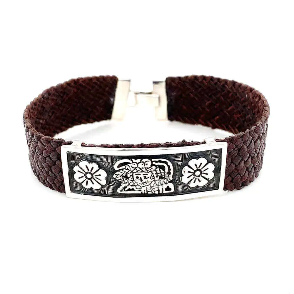 Silver-La-Catrina-Leather-Bracelet-front-Nueve-Sterling