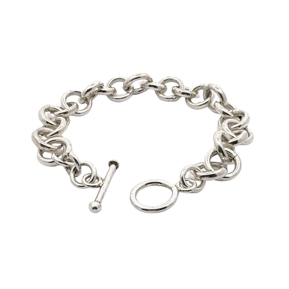 Silver chain bracelet with a clasp on a white background