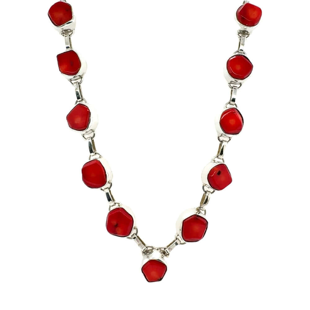 Necklace with coral and silver links on a white background
