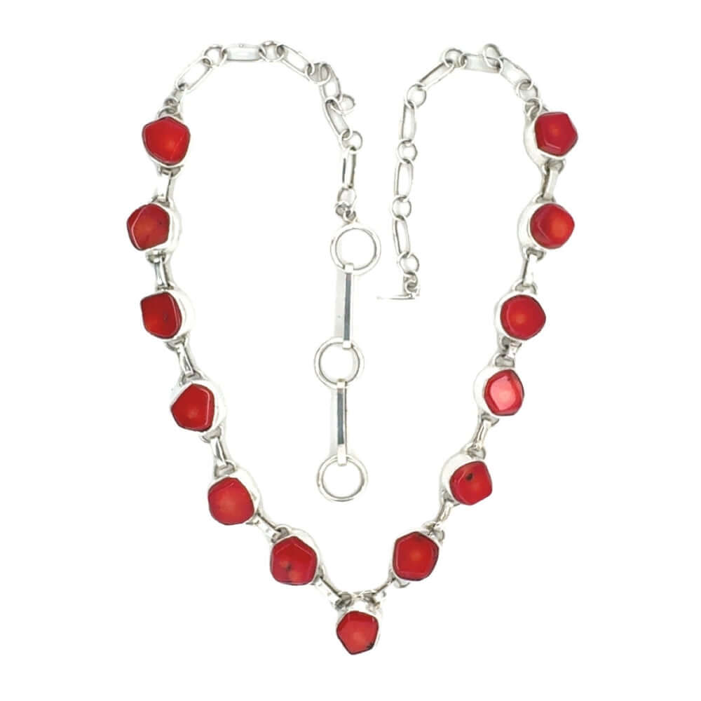 Necklace with red coral and silver chain on a white background