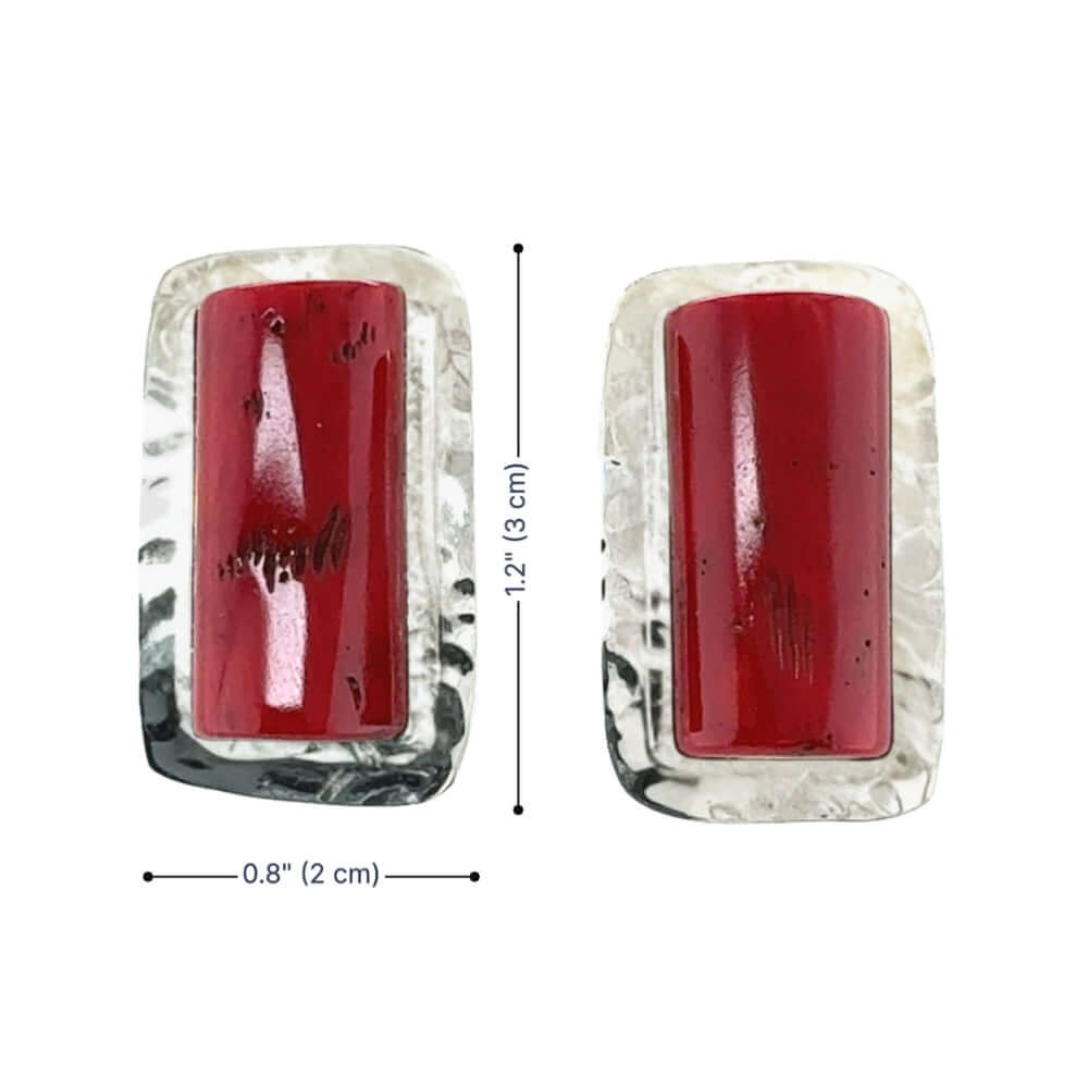 Rectangular earrings with red coral and silver, shown from two angles with measurements.