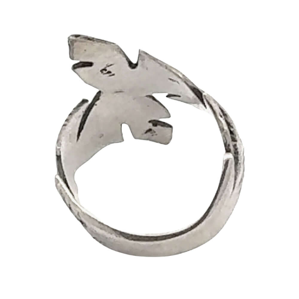 Silver ring with a unique design on a white background
