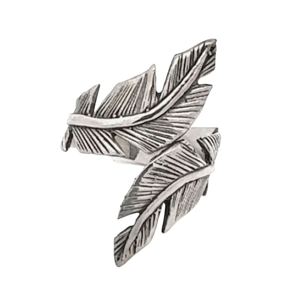 Silver feather-shaped ring on a white background