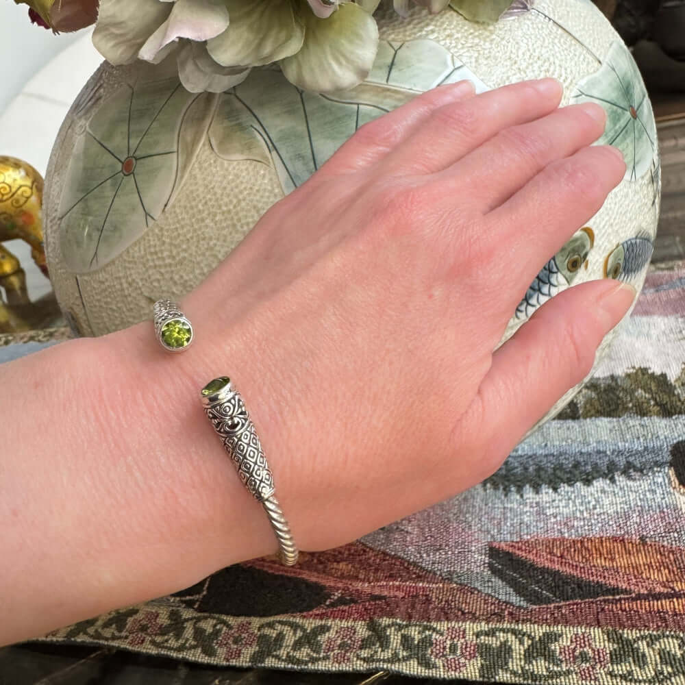 Silver Peridot Cuff Bangle with model