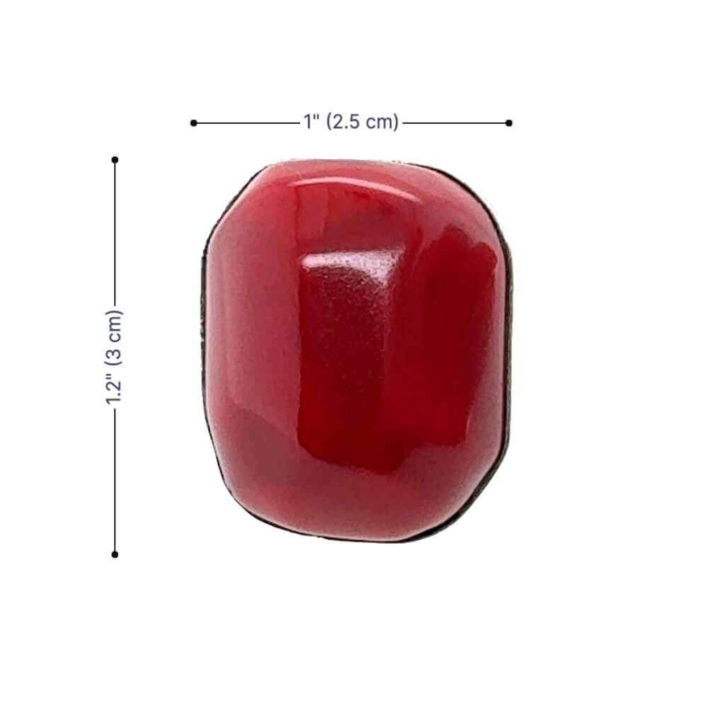 Red coral silver ring with dimensions labeled on a white background