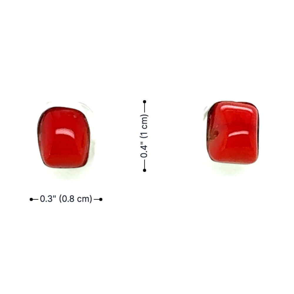 Red coral square earrings with measurements on a white background