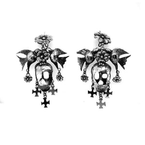 Skull-with-Big-Birds-Silver-Earrings-front-Nueve-Sterling