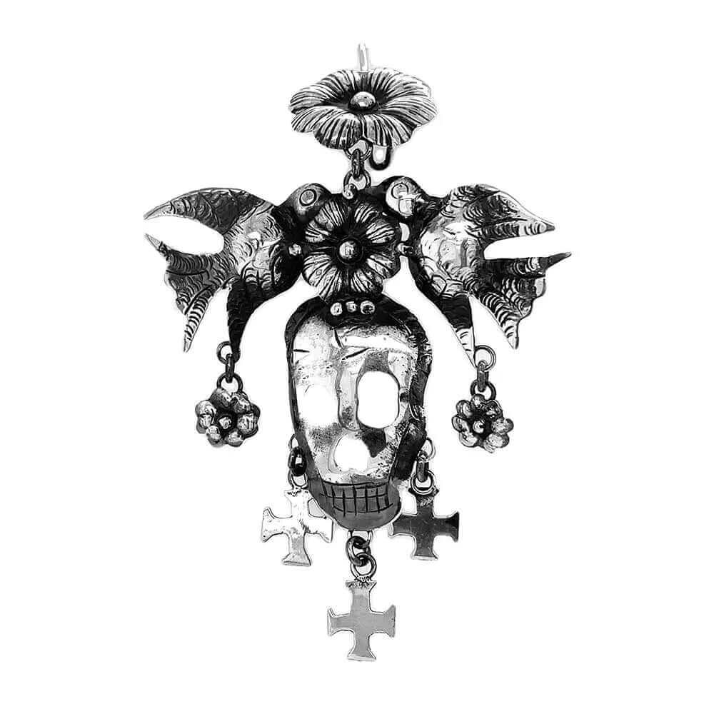 Skull-with-Big-Birds-Silver-Earrings-detail-Nueve-Sterling
