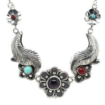 Small-Gemstones-Silver-Leaves-and-Flower-Necklace-detail-Nueve-Sterlin