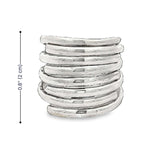 Stack of silver rings with a measurement label on a white background