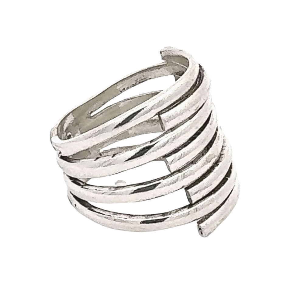 Silver ring with multiple bands on a white background