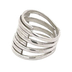 Silver ring with interlocking bands on a white background