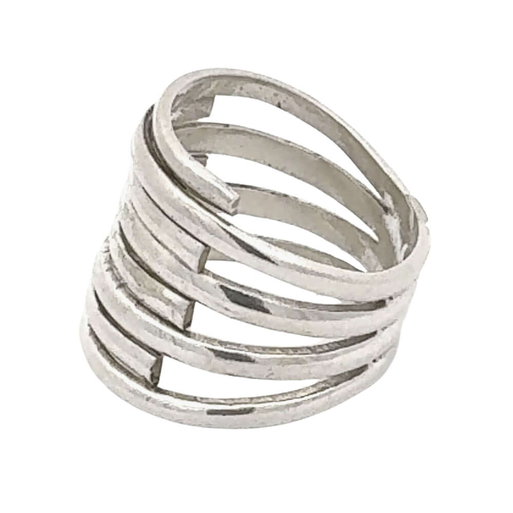 Silver ring with interlocking bands on a white background