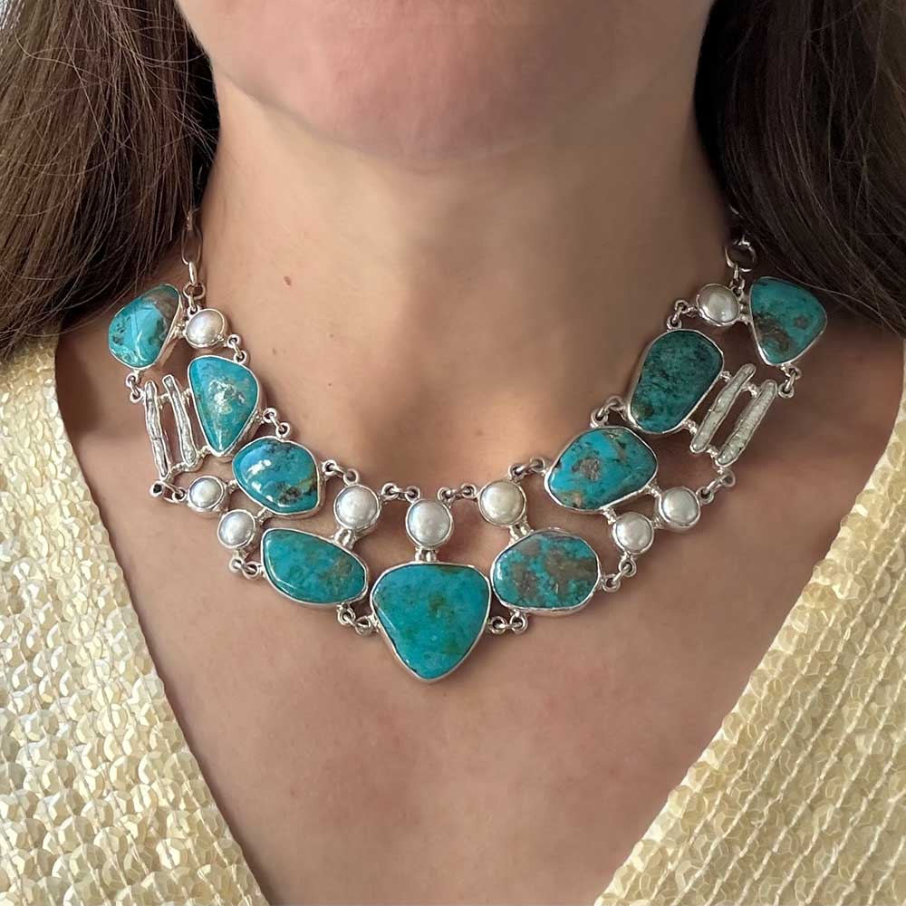 Statement-950-Silver-Necklace-with-Turquoise-and-Pearls-with-model-Nueve-Sterling