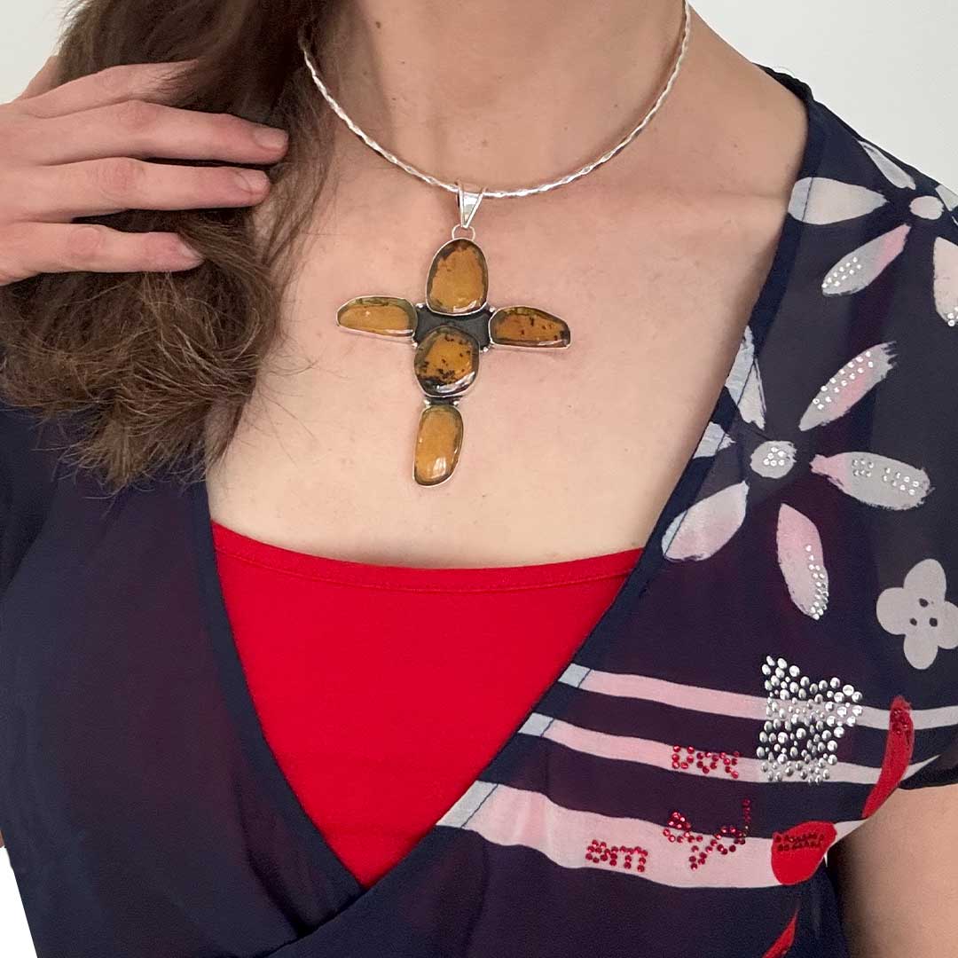 Statement-Amber-Silver-Cross-Pendant with model Nueve Sterling