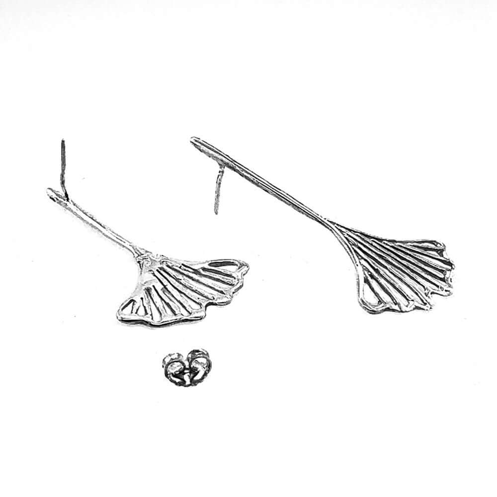 Sterling-Silver-Ginkgo-Leaf-Long-Post-Earrings-flat-Nueve-Sterling