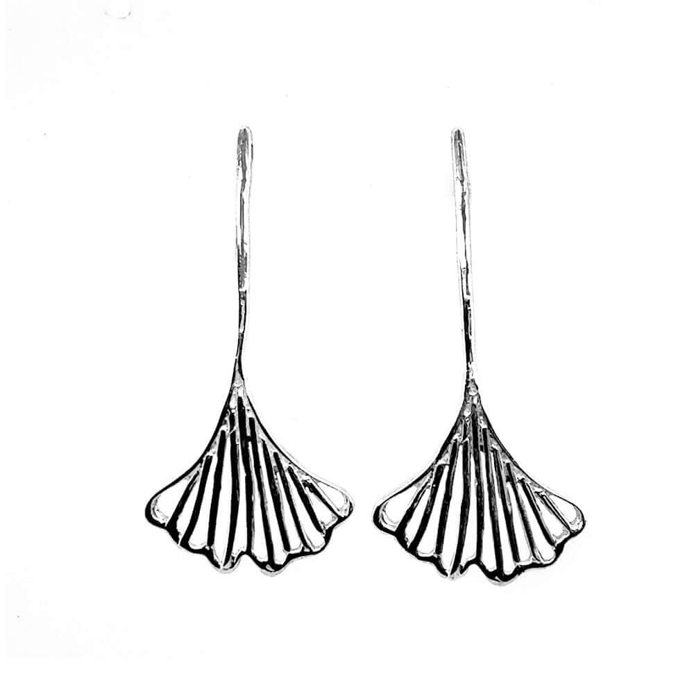Sterling-Silver-Ginkgo-Leaf-Long-Post-Earrings-front-Nueve-Sterling