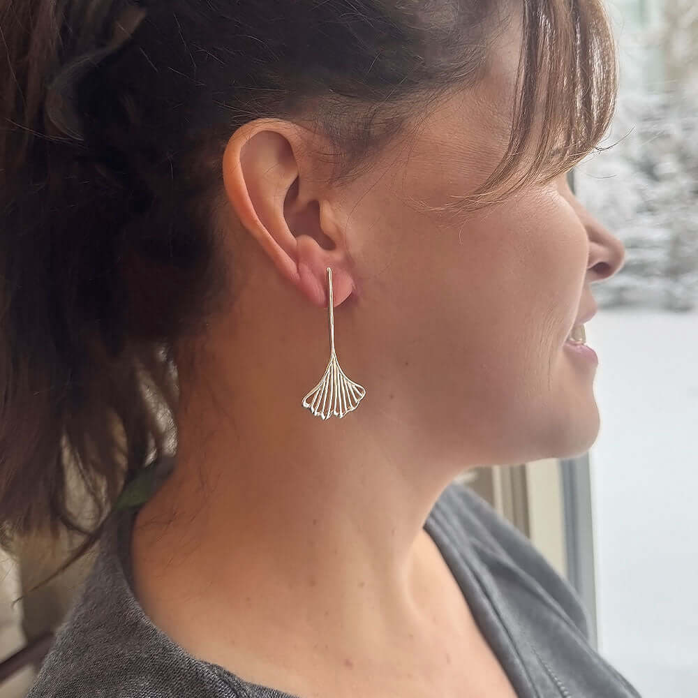 Sterling-Silver-Ginkgo-Leaf-Long-Post-Earrings-with-model-Nueve-Sterling