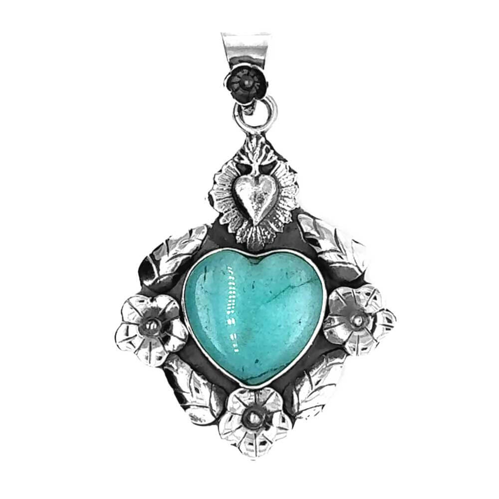 Sterling-Silver-Sacred-Heart-Turquoise-Pendant-front-Nueve-Sterling