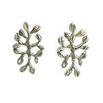 A pair of silver-toned stud earrings shaped like textured leafy branches with small leaf-like buds, shown on a plain white background.