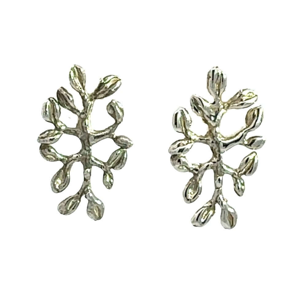A pair of silver-toned stud earrings shaped like textured leafy branches with small leaf-like buds, shown on a plain white background.