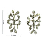 A pair of silver branch-shaped stud earrings with textured leaf-like details, shown on a white background with black dimension lines and text indicating 1.25 inches by 0.