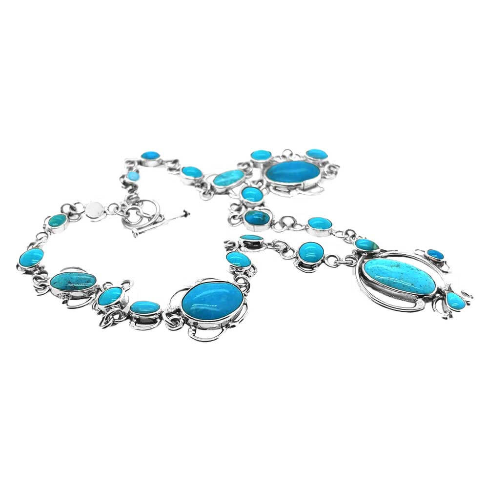 Taxco Silver Necklace with Irregular Turquoise flat Nueve Sterling