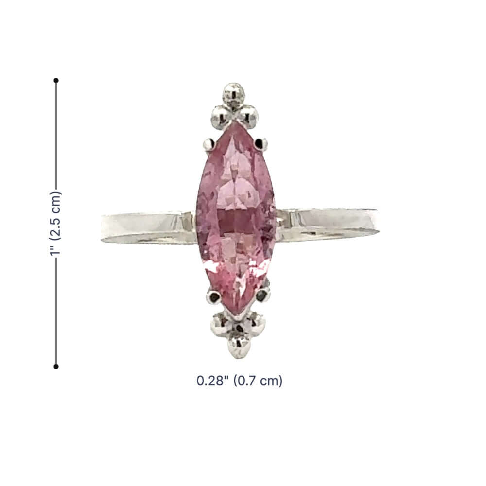 Pink gemstone ring with silver band and dimensions on a white background