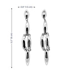 Long Silver earrings on a white background with measurements
