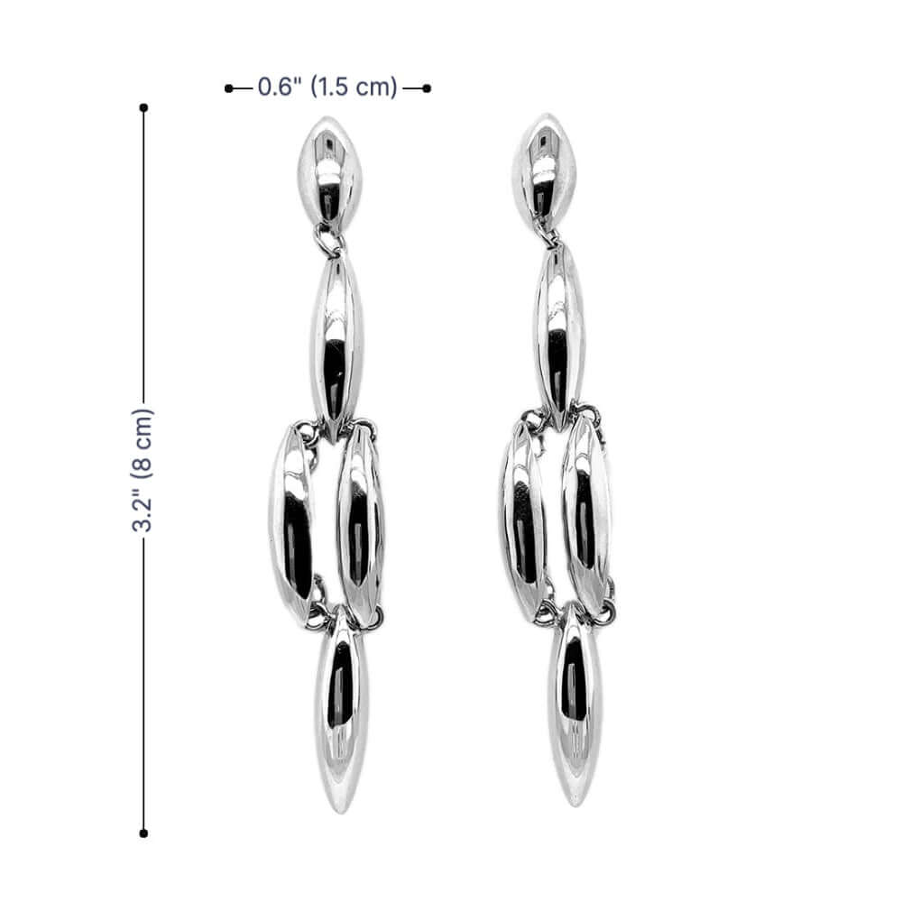 Long Silver earrings on a white background with measurements