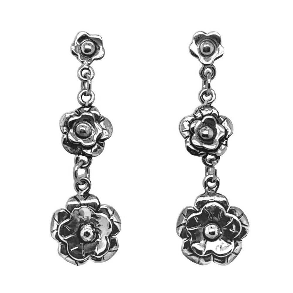 Pair of silver floral earrings on a white background