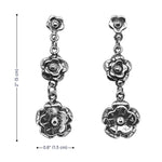 Silver floral earrings with measurements on a white background