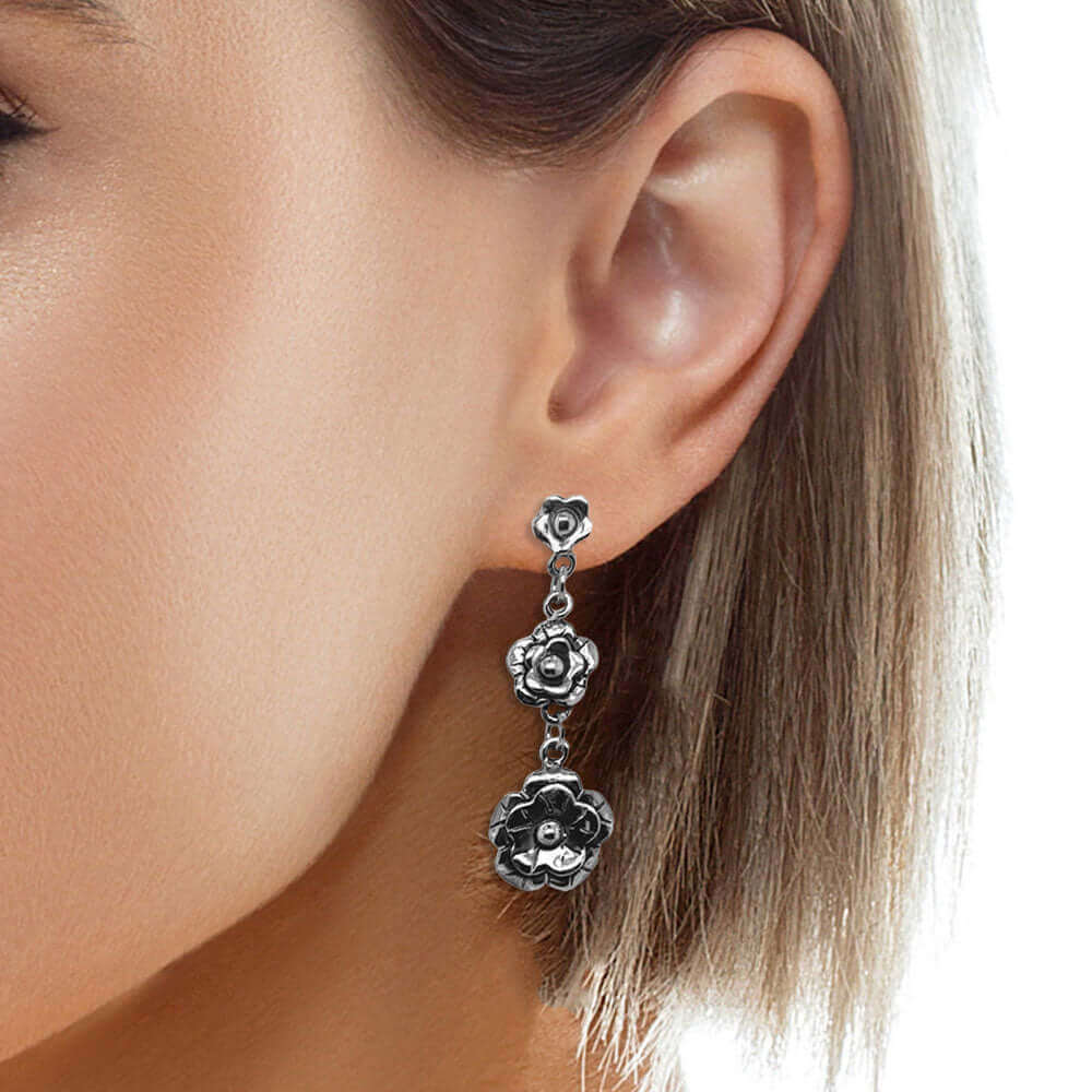 Triple-Flower-Silver-Earrings-with-model