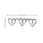 Silver heart-shaped peace sign ring with measurements on a white background