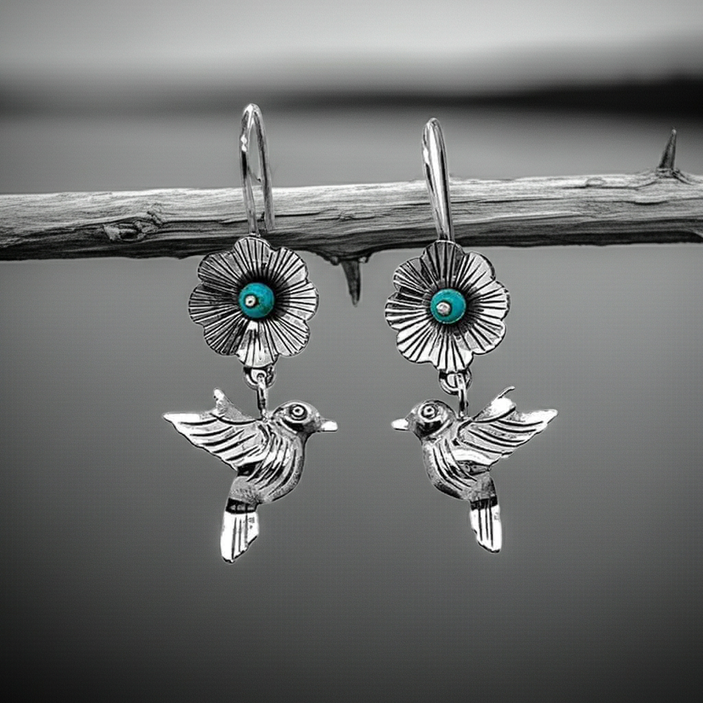 Pendientes de plata de pájaro y flor