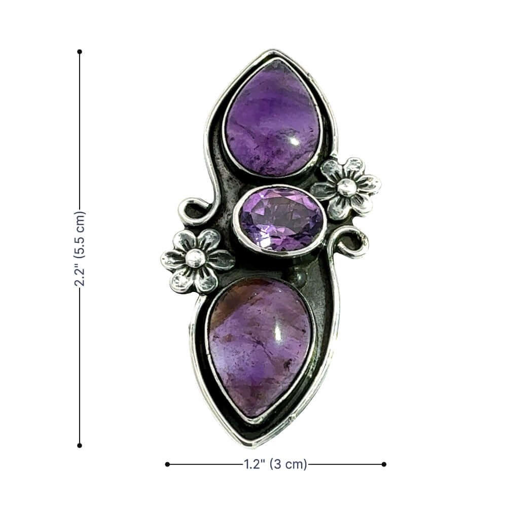 Dimension layout for the Taxco gemstones ring illustrating the long face height and size 7 proportions for a perfect fit.