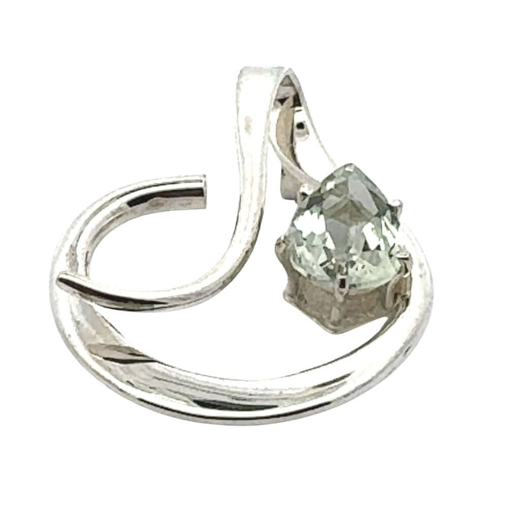 Close-up of the master craftsmanship and secure prong setting for the heat-treated green quartz stone.