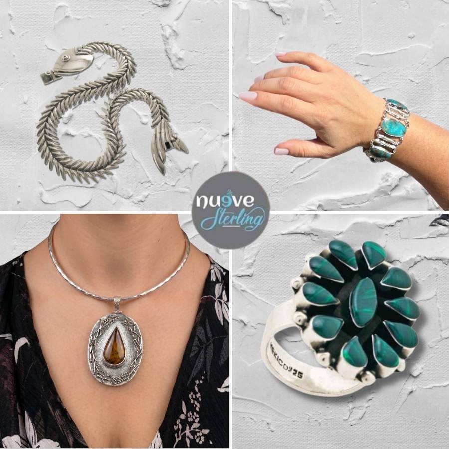 A collection of handcrafted, nickel-free Taxco silver jewelry including an articulated fish skeleton necklace, a turquoise stone bracelet, a malachite statement ring, and a silver torque necklace with a teardrop amber pendant.