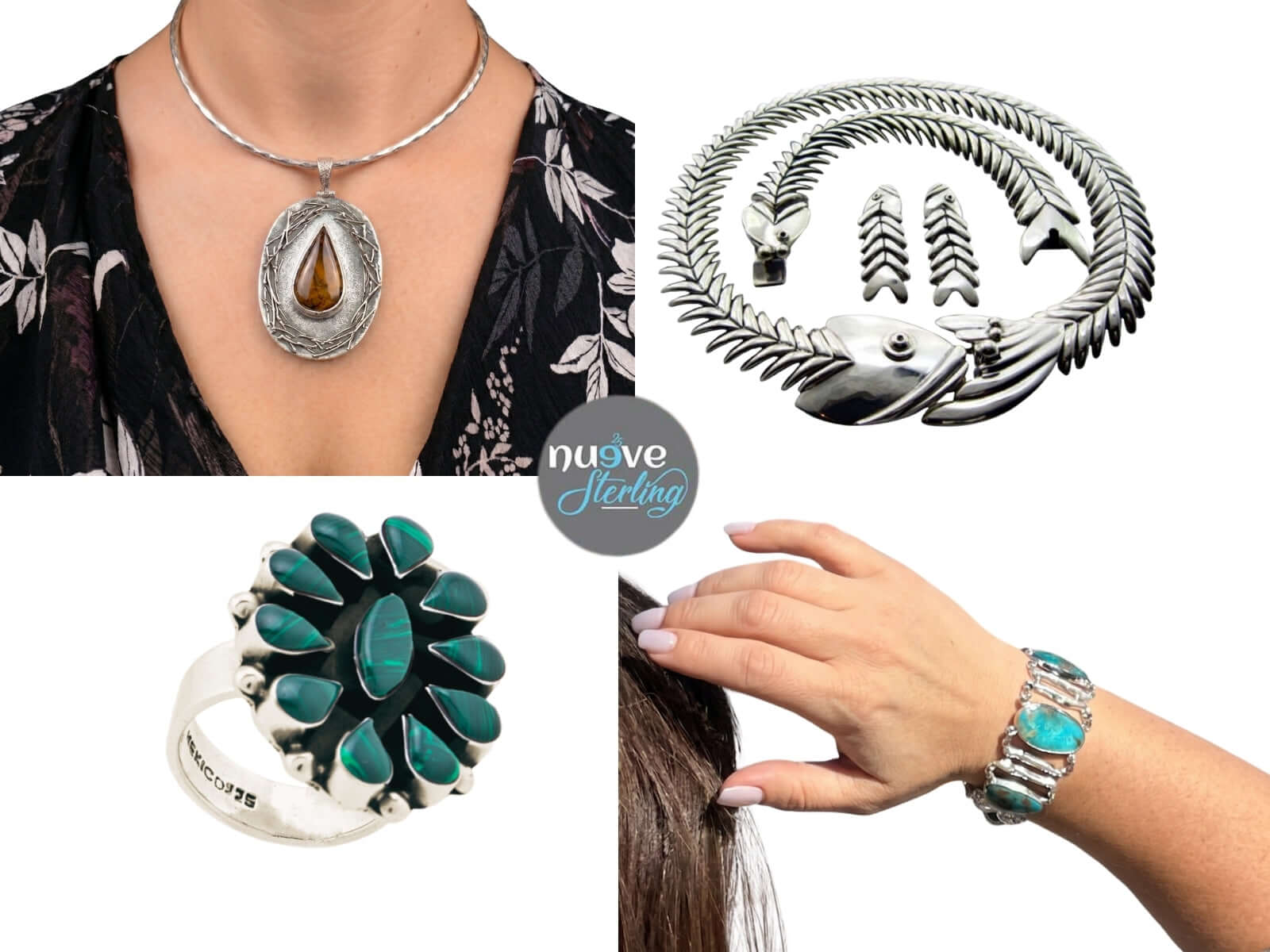 A collection of handcrafted, nickel-free Taxco silver jewelry including an articulated fish skeleton necklace, a turquoise stone bracelet, a malachite statement ring, and a silver torque necklace with a teardrop amber pendant.

