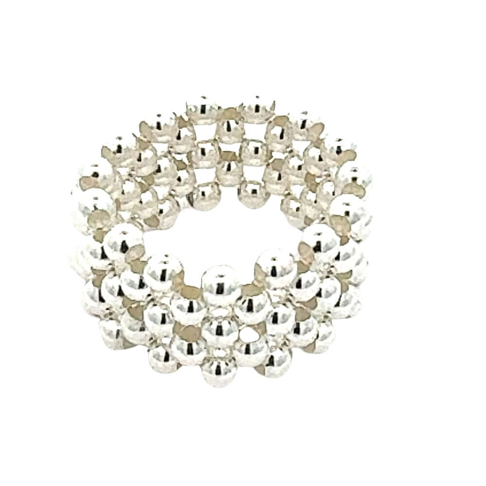 Perspective view of the wide five-strand solid silver beaded ring highlighting its flexible structure and high-polish finish.