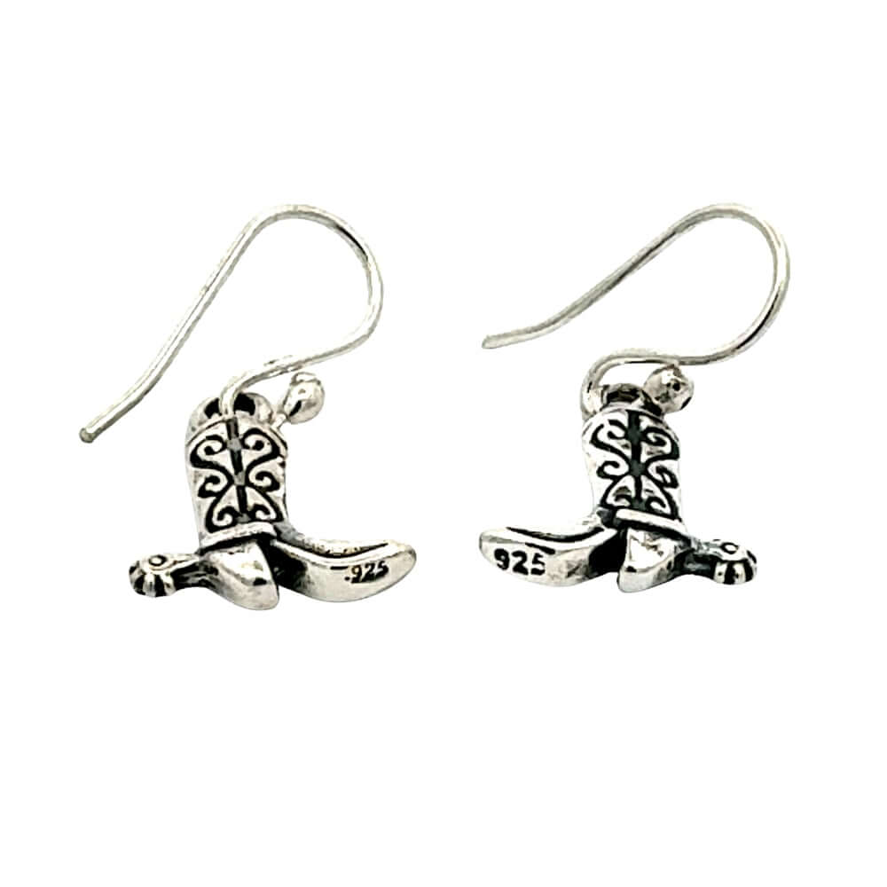 Close-up view of the back of the silver cowboy boot earrings clearly displaying the official 925 sterling silver stamp.