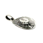 Profile view of the textured silver cowgirl hat pendant showing the smooth crown contours and integrated hanging bail hardware.